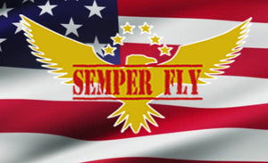 Semper Fly logo (Gold Eagle with Semper Fly text overlaid) centered on a rippling American flag background.